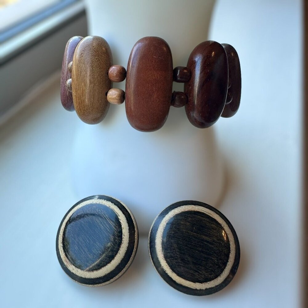 Vintage Wooden‎ Bracelet w Stud Earrings Round Oval Shape Boho Retro